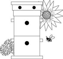 Bee Honeycomb house with sunflowers and clover composition. graphic line illustration. Icon design for fashion graphics, textile prints, fabrics, wallpapers. vector