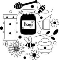 Honey cartoon doodle objects, symbols and items. Round composition. graphic line illustration. Banner, poster, wrapping paper, sticker, print, modern textile design. vector