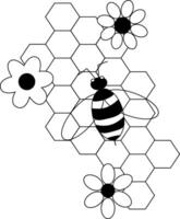 Bee, flowers and honeycomb composition. graphic line illustration. Minimalistic elegant composition with hexagons. for social network posting, greeting card or any honey advertisment vector