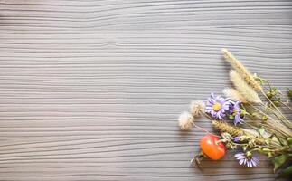 Autumn wooden background with wild flowers, grass and berries of hawthorn, rose hips in the lower right corner. Copy space photo