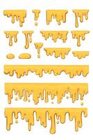 Sticky amber liquids, drops. Dripping melted honey sweet splash collection. Golden flow syrup fluid vector
