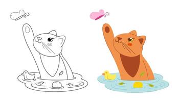 Two cute cats catches a butterfly in the water. Clip art for your projects. vector