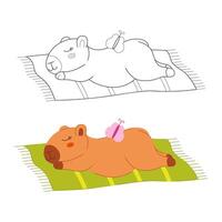 Two cute capybaras sleeping on a beach towel. Clip art for your projects. vector