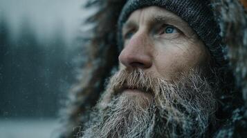 An elderly man with a grey beard and a knitted hat looks into the distance in a snowy forest, his face covered in frost. photo