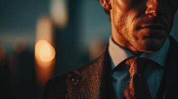 A close-up of the lower part of a man's face wearing a smart suit and tie, with evening lighting highlighting the texture of his skin and fabric. photo