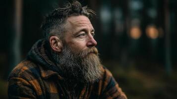 A middle-aged man with a thick beard looks thoughtfully into the distance, sitting in the forest in a cozy plaid jacket, illuminated by the soft evening light. photo