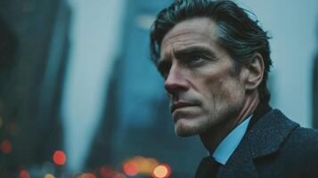 A man with gray hair at his temples looks into the distance on a cold day, the cityscape behind him blurring into blues and grays. photo