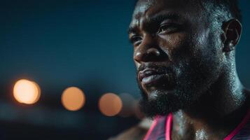 Close-up of an athlete covered in sweat with a focused and determined expression against the backdrop of evening lighting. photo