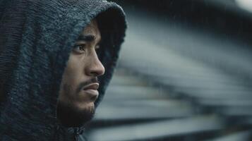 A young man in a dark hoodie stands in the rain against the backdrop of empty stands, looking into the distance with an expression of concentration and determination. photo