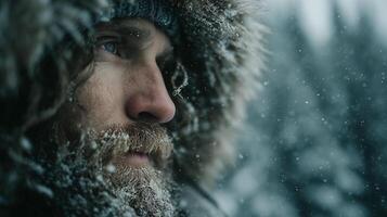 A man in winter clothes looks into the distance through a snowstorm, his face covered in frost and his gaze full of determination and concentration. photo