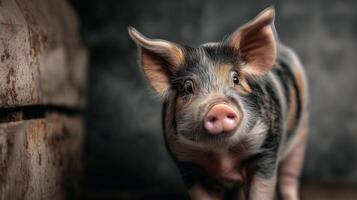A young striped piglet poses against a dark barn, showing off its cute face and fluffy fur. photo