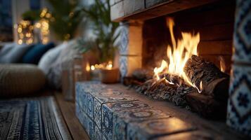A cozy interior with a burning fireplace lined with decorative tiles creates an atmosphere of warmth and peace in the soft evening light. photo