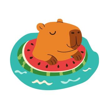 A cartoon capybara is floating on a water raft with a slice of watermelon. vector