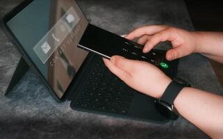 Woman contacting service support customer help call center. Technical Support Center website. photo