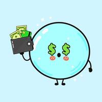 This cute bubble character with dollar sign eyes is happy holding a wallet with money. vector