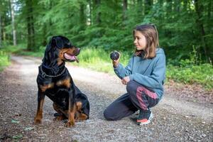 A little girl plays with her dog of the Rottweiler breed on a path in a forest photo