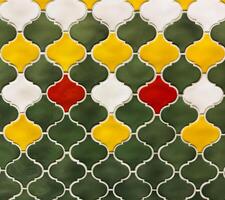 Wall background, A tile pattern with green, yellow, and white tiles photo