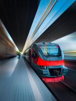 Modern train in motion and blur, Armenian Railways trains of Yerevan Cyberpunk train. Blur motion train. Train travel, movement, for banner, for advertising photo
