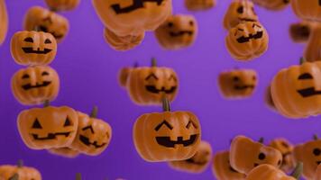 Cute Smiling Jack o Lanterns Floating in the Air with Purple Gradient Background, seamless loop video