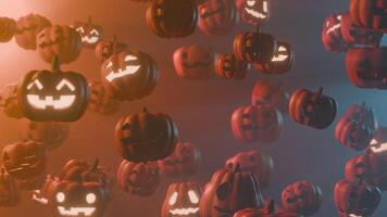 Dark and Foggy Halloween Background with Glowing Scary Pumpkins Floating Around, seamless loop video