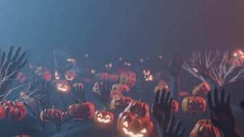 Haunted Pumpkin Field with Glowing Jack o Lanterns and Creepy Zombie Hands Background, seamless loop video