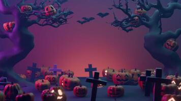 Haunting Halloween Graveyard with Bare Trees, Bats, and Glowing Pumpkins Background, seamless loop video