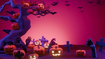 Scary Graveyard with Zombie Hands, Jack o Lanterns, and Twisted Trees at Sunset Background, seamless loop video