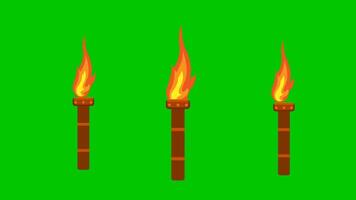 Three animated torches with bright flames are lined up against a green screen background, ideal for visual effects or design elements. video