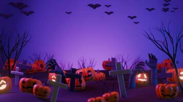 Mysterious Halloween Cemetery with Flying Bats and Pumpkins Under a Purple Sky Background, seamless loop video