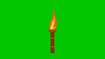 Three animated torches with bright flames are lined up against a green screen background, ideal for visual effects or design elements video