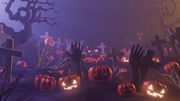 Spooky Halloween Graveyard with Jack o Lanterns and Rising Hands at Night Background, seamless loop video