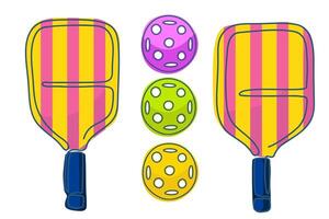 illustration of two striped pickleball paddles and three colorful perforated balls. Perfect for use in sports-themed designs, social media graphics, and pickleball product branding. vector