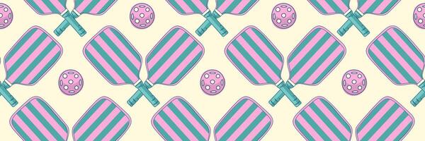 Seamless pattern with striped pink and teal pickleball paddles and matching balls on soft cream background. Great for textile prints, gift wrap, wallpaper or backgrounds vector