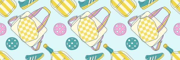 Bright seamless pattern with bags, rackets, balls and sneakers on blue background. Perfect for textile, wrapping paper, wallpaper and sports-themed backgrounds vector