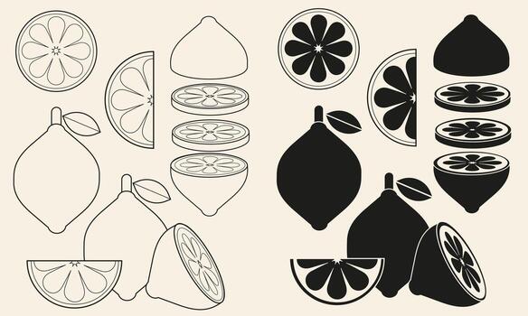 Stylized set of whole and sliced lime in black fill and outline style. Perfect for food packaging, eco labels, branding, patterns, stickers, and modern culinary illustrations vector