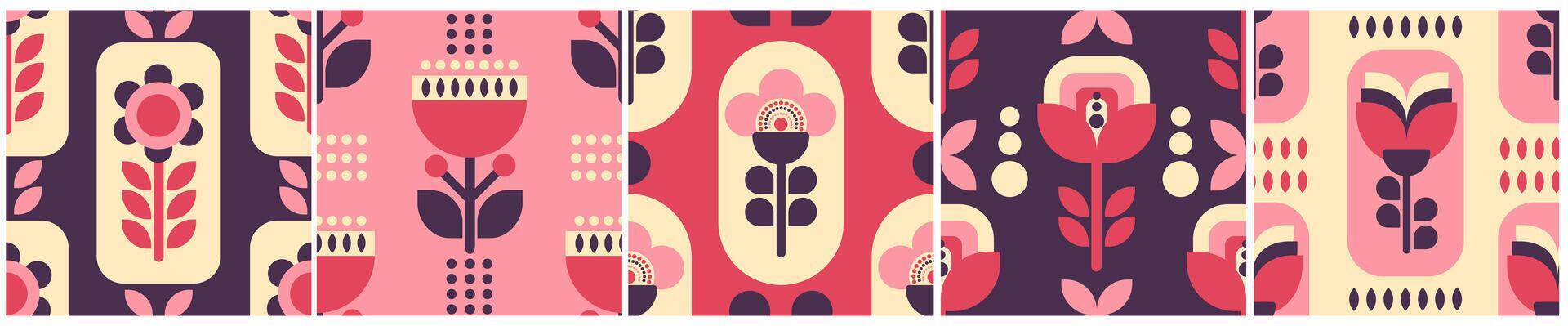 Pink rustic folk floral seamless pattern set with traditional decorative elements. Perfect for surface design, textile, wrapping paper, wallpaper, fabric prints, and vintage-inspired projects
