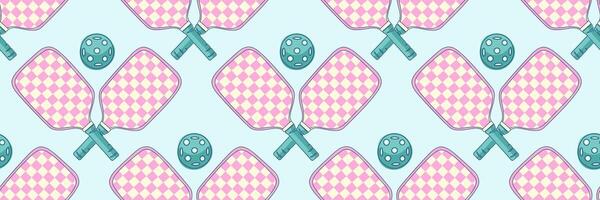 Cute seamless pattern with pink checkered pickleball paddles and teal balls on light blue background. Ideal for designs, sports-themed textiles, packaging, and wrapping paper vector