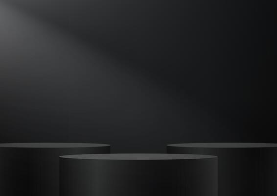Abstract 3D black cylinder pedestal podium background on black wall scene space for product display presentation, Stage showcase. illustration.