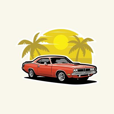 Classic american muscle car in beach art illustration isolated