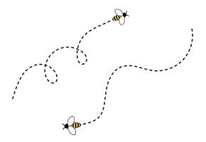 Bee, bumblebee fly on line path, dotted route, icon of yellow insect on a white background. vector