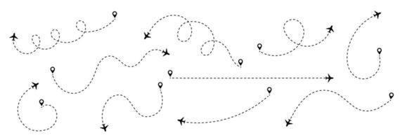 Travel line for plane icon and flight with path on air map. Route and trip traced by dash or dot toward the airport or destination. Clean silhouette design. vector