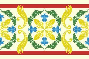 Colorful symmetrical tile border with gold blue green red flourishes. Inspired by classical ceramic design with playful twist. Luxury Fleur de lis Royal Botany Pattern Rich Style for Wallpaper Carpet vector