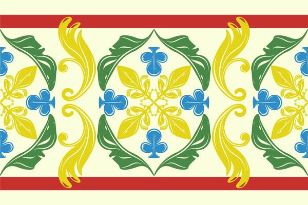 Colorful symmetrical tile border with gold blue green red flourishes. Inspired by classical ceramic design with playful twist. Luxury Fleur de lis Royal Botany Pattern Rich Style for Wallpaper Carpet