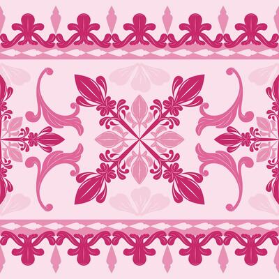 Classic Hand Drawn Magenta Mosaic Tiles With Luxury Scroll Ornament Seamless Border Pattern. Marvelous Heavenly Hot Pink Baroque Florals for Embroidery Silk Lace Craft Product Textiles Art Work Fabric