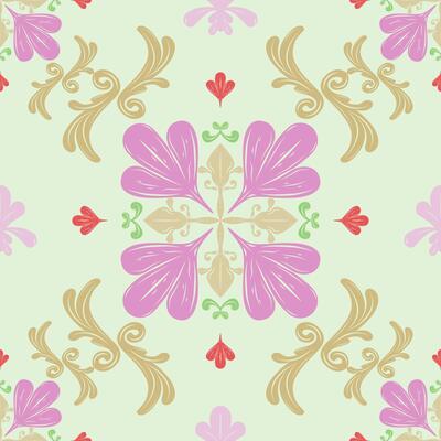 Fairly Tales Sweet Luxury Florals Baroque Medieval Inspired Twinkle Bling Design Needlecraft Embroidery Seamless Pattern. Elegance Tiles Floor Decoration Abstract Scroll Ornament Pink Green Gold Red