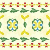 Light and cheerful floral border pattern with repeating heart and leaf designs in green and red. Great for fabrics, kids' products, packaging, home kitchen cafe decoration, embroidery, handicraft, rug vector