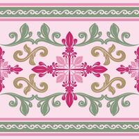 Heavenly Intricate Flourish Florals Petals Vines Pattern with Elegance Ornament Green Jade Gold Magenta on Pale Pink Background. Luxury Elaborate Palace Blooming Medieval Style for Embroidery Textiles vector