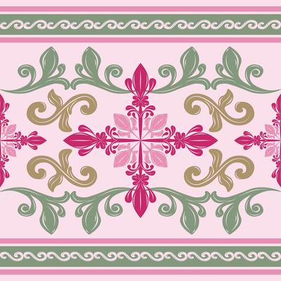 Heavenly Intricate Flourish Florals Petals Vines Pattern with Elegance Ornament Green Jade Gold Magenta on Pale Pink Background. Luxury Elaborate Palace Blooming Medieval Style for Embroidery Textiles