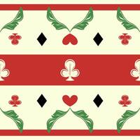 Retro band pattern with card suits and leaf flourishes. Red, black, and green tones evoke a vintage poker vibe with modern clarity on beige background. Wondering Spade Heart Diamond and Nature vector