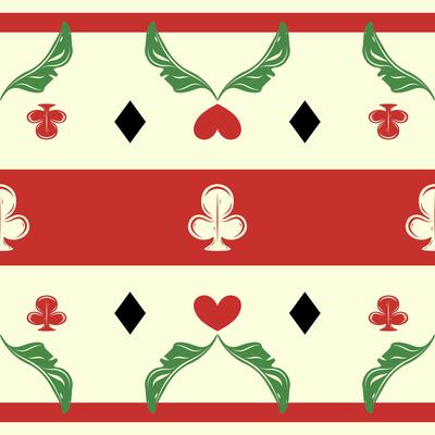 Retro band pattern with card suits and leaf flourishes. Red, black, and green tones evoke a vintage poker vibe with modern clarity on beige background. Wondering Spade Heart Diamond and Nature